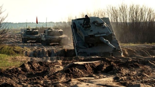 Ukrainian military conducts training on Leopard 2 tanks at the test site on 14 May 2023 in Ukraine