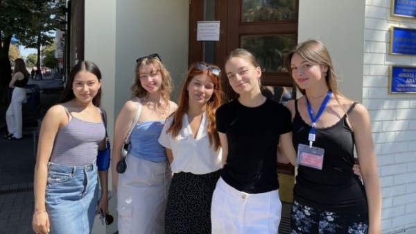 Anya, Tanya, Nastiia, Anna and Sophia outside Kyiv-Mohyla Academy