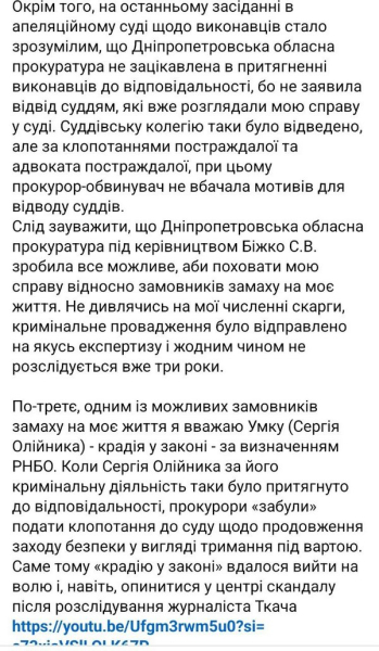 Прокуратура Дніпропетровської області стала, на мою думку, на захисті інтересів криміналітету: активістка звернулась до генпрокурора - INFBusiness