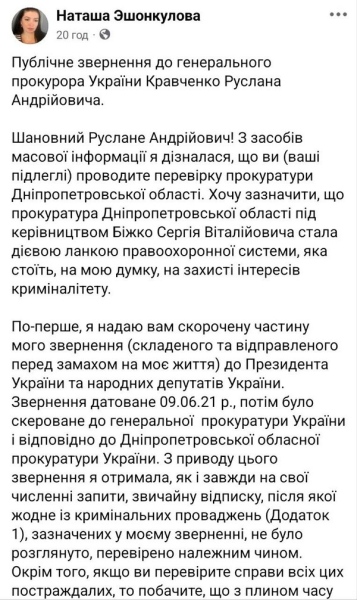 Прокуратура Дніпропетровської області стала, на мою думку, на захисті інтересів криміналітету: активістка звернулась до генпрокурора - INFBusiness